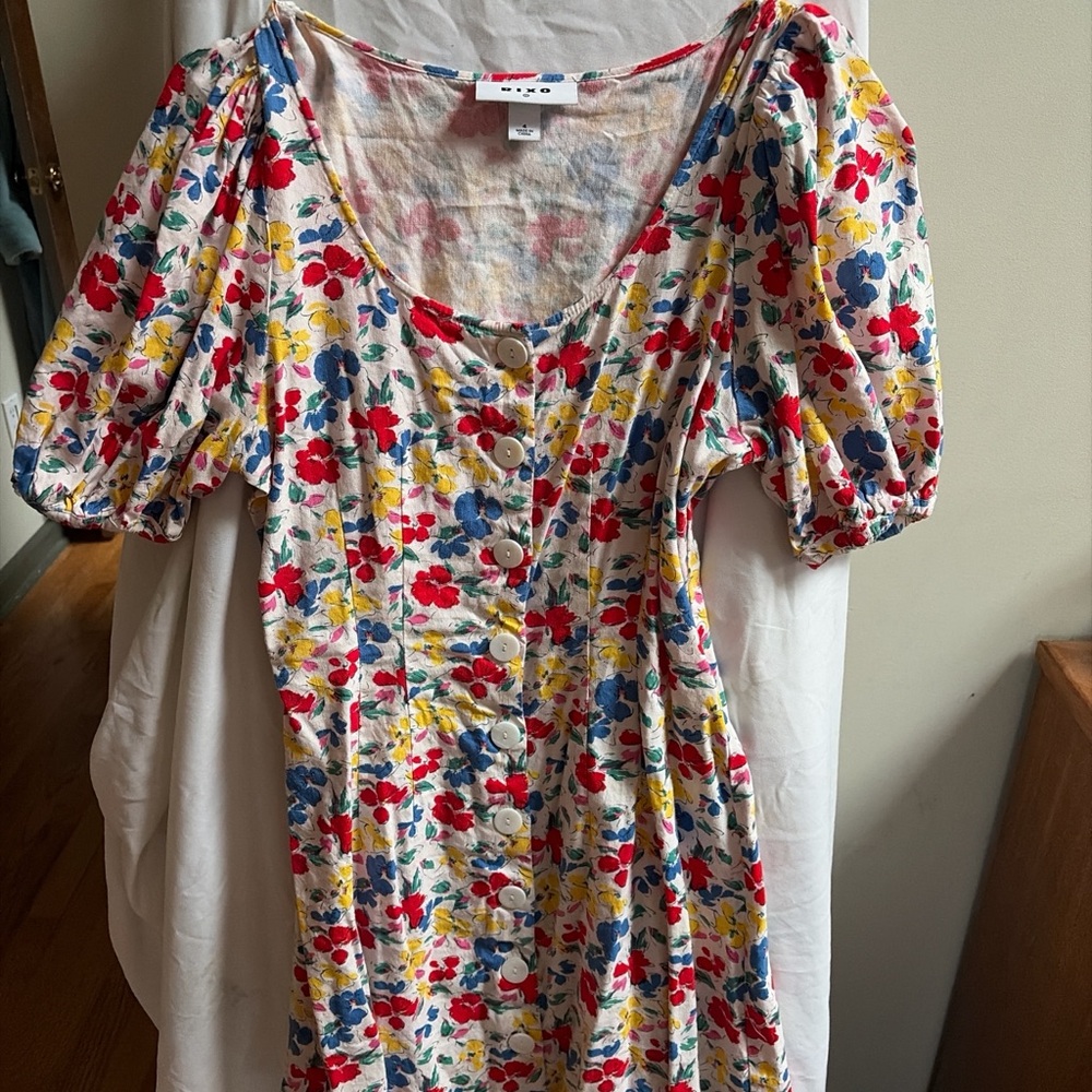 Floral Button-Front Puff Sleeve Dress - Multicolor